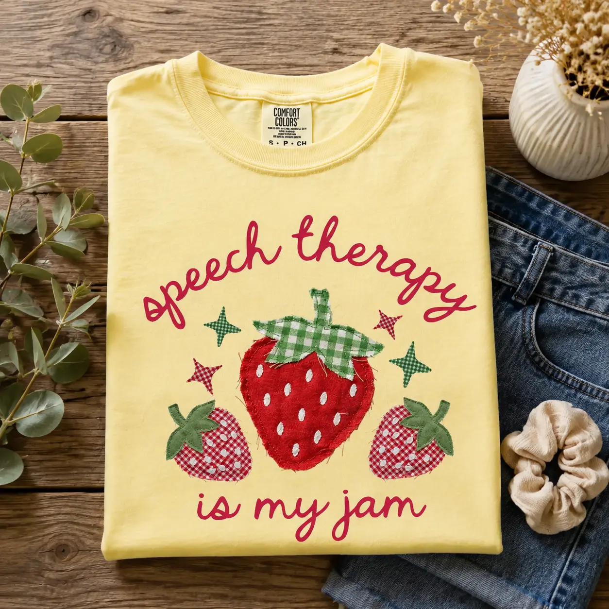Speech Therapy Is My Jam Comfort Colors Shirt – Cute Strawberry SLP Tee – FAUX Patchwork Gift Top