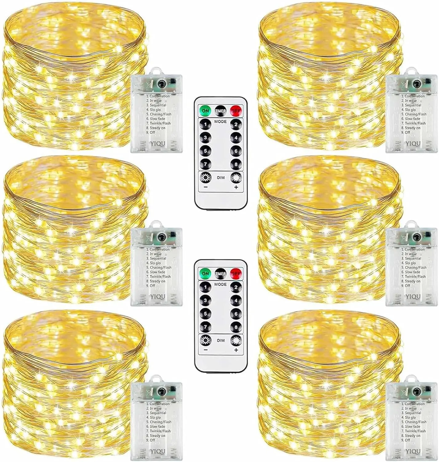 6-Pack 33Ft 100LED Warm White Copper String Lights, Battery-Operated with Remote Control & Timer, Dimmable Waterproof Decor Lights for Christmas Tree, Room Decor, Indoor-Outdoor Use
