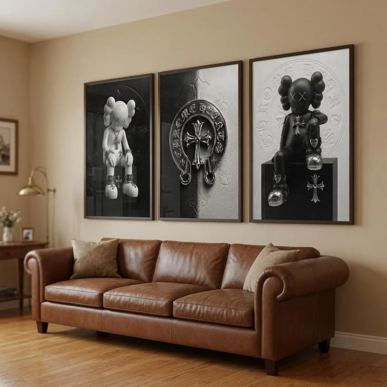 Chrome Hearts Kaws 3-Piece Poster Set, Black-White Hypebeast Wall Art, Gothic Luxury Dark Fashion Home Decor