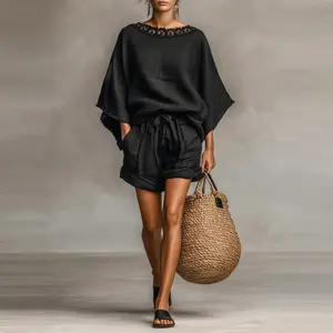Women’s Summer Two-Piece Set – Loose Fit Batwing Top & Shorts Set, Casual Solid Color Lounge Set, Vacation Beach Outfit 2026