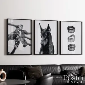 Stockholm Style Wall Art Set of 3 Black & White Modern Prints Doberman, Cheers Glasses and Lips Minimal Fashion Home Decor