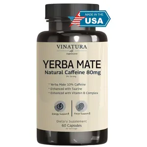 VINATURA Yerba Mate, Taurine Capsules - 1400mg per Serving - Caffeine & Energy Supplements *USA Made & Tested* Enhanced Panax Ginseng, Vitamin B Complex, L-Arginine - 60 Capsules 30 Servings Healthcare, Dietary Fitness