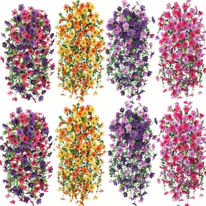 Artificial hanging floral plants for outdoor decoration, multicolor fake chrysanthemums and violets with eucalyptus, UV-resistant realistic daisy climbing plants, suitable for courtyard, balcony, and porch decoration, Artificial Flowers For Outside
