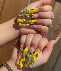 Handmade 3D Sun Flower Press On Nails Set Long Square Art Luxury Gif For Her On Birthday, Party, Wedding Day