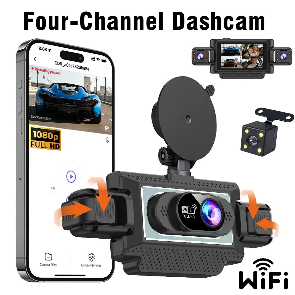 360° 4 Channel Dash Cam with 1080P Front Rear Left Right Recording, Super Night Vision, All-Round Parking Mode & G-Sensor, Loop Recording, Emergency Lock - Ultimate Driving Protection Car DVR, Ideal Christmas Gift for Car Owners/Family/Friends/Parents