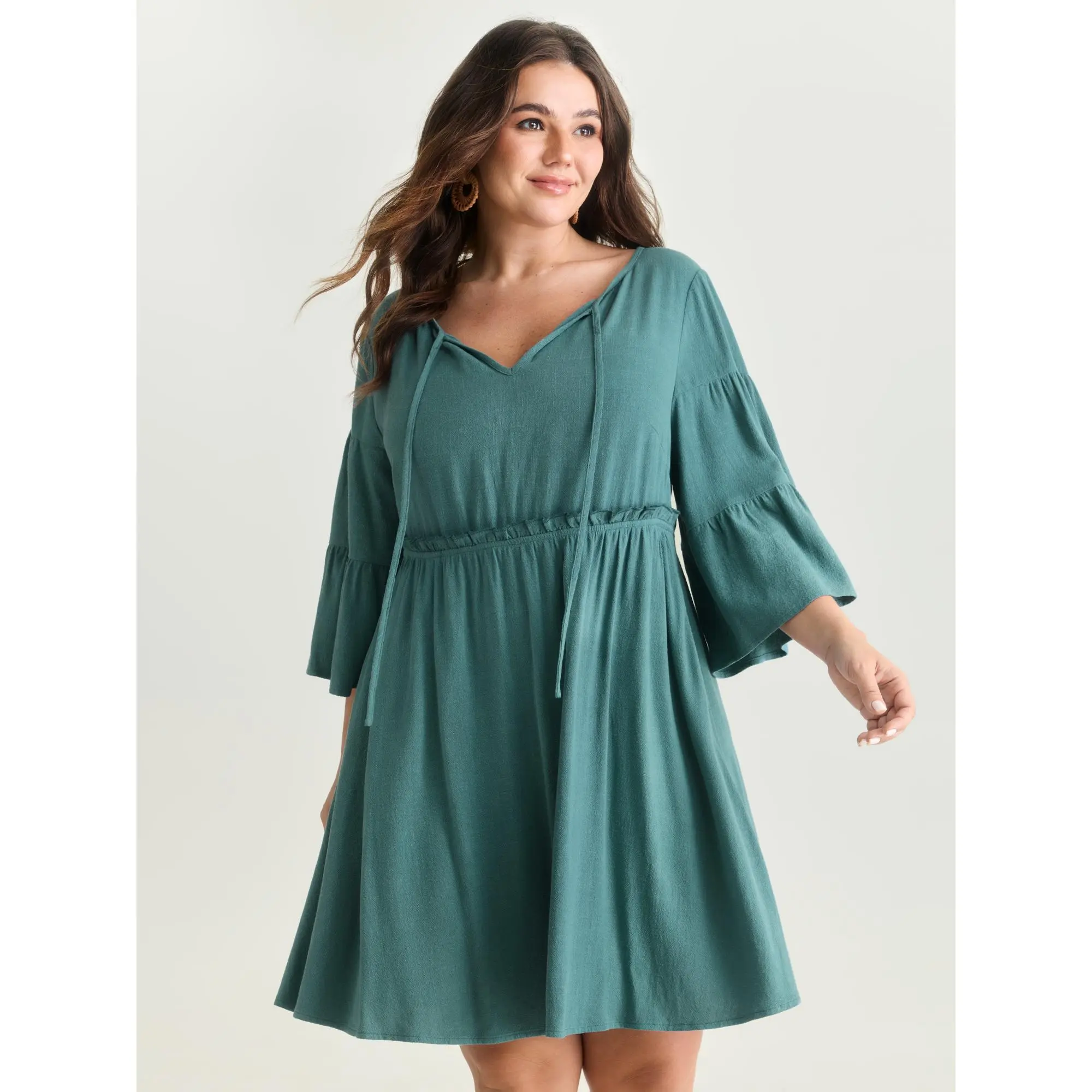 BloomChic Women's Plus Size Casual Boho Dress - Solid Rayon Linen, Notched Collar, 3/4 Bell Sleeves, Frill Trim, Side Pocket, Casual Wear, Summer Finds, Smooth, Garment, Fabric, Basic, Low Iron, 3/4 Sleeve, Plus Size Casual Dresses