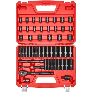fathersdaygift VEVOR 3/8 in Drive Impact Socket Set, 50 Piece, 6 Point Deep Shallow Impact Sockets, SAE (5/16 in to 3/4 in) and Metric (8 to 22 mm) Sizes with 3 in 6 in Extension Bars, Cr-V Steel, Carrying Case