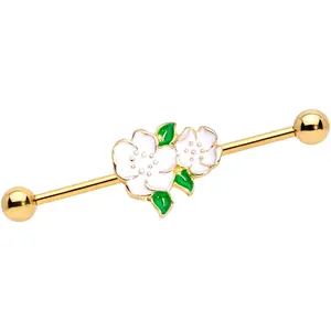 14G Gold Tone White Gardenia Flower Industrial Barbell 38mm 14G Gold Tone White Gardenia Flower Industrial Barbell 38mm