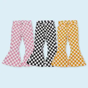 Pink checkered denim pants kids girls bell bottom jeans