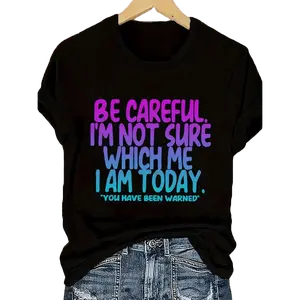 Women's Plus Size Humorous "Beware of Me" Pattern T-Shirt, Colorful Letter Print, Loose Neckline, Short Sleeves, Summer Machine Washable, Black Casual Top, Women's T-Shirt