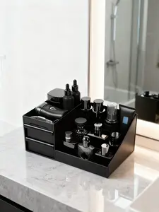 Sophisticated Men's Grooming Station & Cologne Organizer | Durable Space-Saving Bathroom Counter Tray with Toothbrush Holder & Sink Caddy | Matte Black storage house