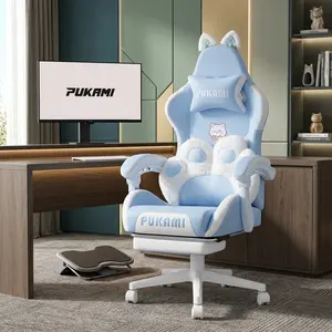 Cute Gaming Chair with Cat Ears and Cat Paw Lumbar Support, Ergonomic Reclining PC Chair with Footrest and Headrest, Height Adjustable Swivel Gaming Chair for Kids Girls Teens Bedroom Game Room