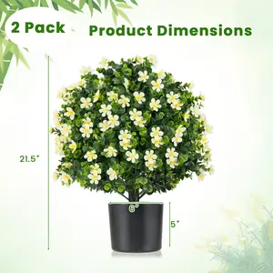 COSTWAY - 2 Pack Artificial Boxwood Topiary Ball Tree Faux Shrub Bushes with Flowers-White