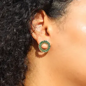 Crochet circular turquoise small earrings - Handmade gold and turquoise stud earrings