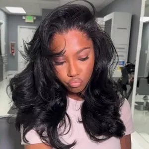 Salon Style At Home Sunber Affordable Pre-Styled 13x4 Body Wave Lace Frontal Wig with Side Bangs Layered Cut Wig-No-Fuss Glueless & Ready to Wear Beginner Friendly Pre Everything Natural Black Wig Summerwins DealsForYouDays