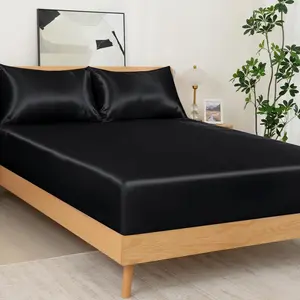 NSGZ 3 Pcs Fitted Sheet and Pillowcase Set, Queen Bottom Bedsheet Fit up to 15 Inch Deep Mattress, Black Soft Bedding Includes 1 Fitted Sheet and 2 Pillowcases