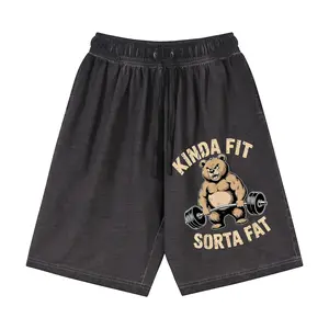 Kinda Fit Sorta Fat Gym Bear Washed Cotton Shorts | Funny Workout Graphic Drawstring Shorts, Vintage Gradient Casual Athletic Shorts for Men, Perfect Gym & Summer Daily Wear