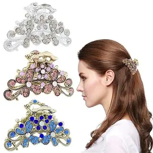 3 Pcs Vintage Rhinestone Hair Clip Alloy Fancy Hair Barrette with Decorative Flowers, Non Slip Design for Women Thick Hair