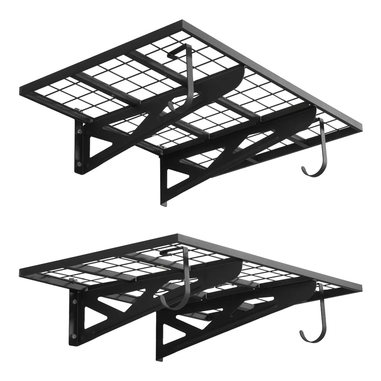 Two-Tier Heavy Duty Wall Garage Shelving Unit With Hooks, Steel Wall Mounted Storage Rack, 2 X 3 Ft, 24 X 36 Inch Per Shelf, Floating Garage Shelves, Capacity Up To 500 Lbs, Black Finish