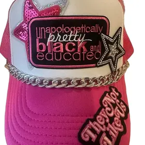 “Unapologetically Pretty Black & Educated” Trucker Hat with Embroidered Patch Snapback Design for Adjustable Fit Casual Everyday Wear Pink Polyester Hat with Mesh.