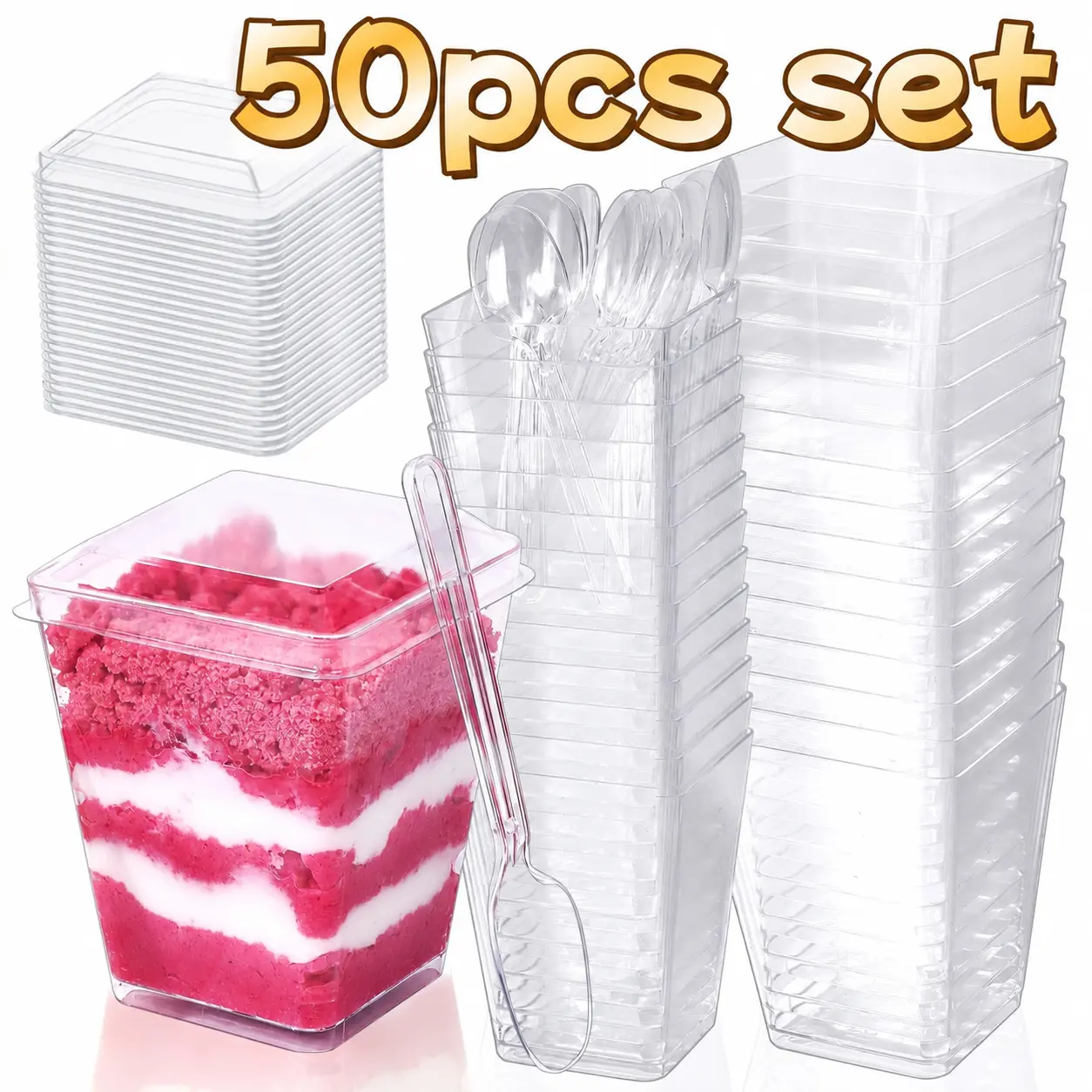 50pc Party Set Disposable Baking Cups - Sturdy Square Crystal Plastic 5oz Reusable Mini Dessert Cups with Lids & Spoons, 3" Tall, 1.6" Base, 2.25" Wide Eco-Friendly Kitchenware, for Birthday, Savory/Sweet Treats,familyfun