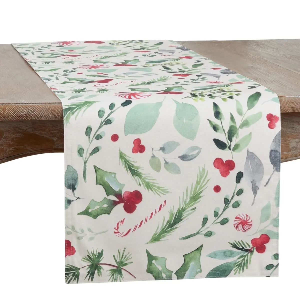 212 MAIN Oblong Shape Christmas Table Runner - 16x90 in Linen Kitchen Linen, Festive Print with Holly Motifs, Candy Canes, Holiday Foliage for Christmas Cheer