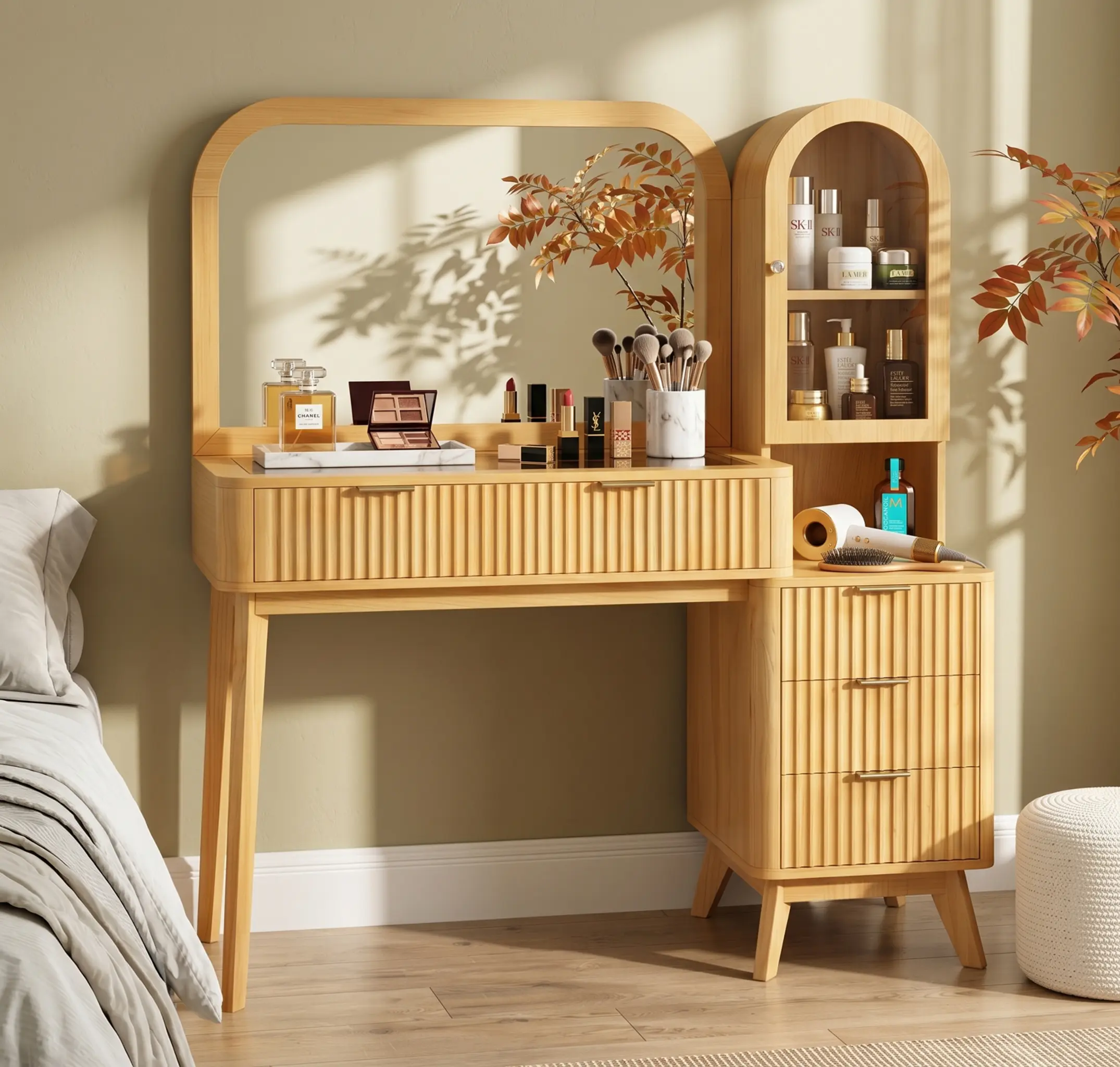 Natural Finish Modern 48" Bedroom Dressing Table Set - Fluted Glass-Top Vanity with 32" Large Mirror, 4 Storage Drawers, Cabinet and Built-In Charging Station