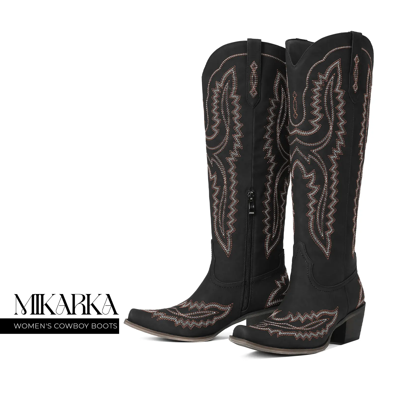 Cowboy Boots for Women Knee High Western Boots Pointed Toe Chunky Block Heel Embroidered Side Zipper Wide Calf Pull On Tall Cowgirl Boots Country Concert Wedding Festival Riding Fashion Boots