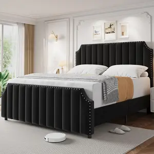 50" Tall Velvet Platform Bed Frame, Vertical Channel Tufted Headboard & Footboard with Nailhead Trim, Strong Wooden Slats, Box Spring Not Required, Easy Assembly