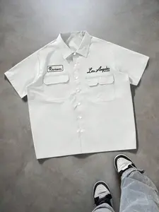 Men's Loose Fit Utility Pocket Design Casual Shirt, Blue Button-Up Short Sleeve Shirt, Multi Pocket Casual Shirt, Graphic Los Angeles Reviewer Mechanic Shirt