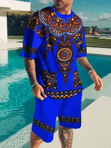 Men's Innovative Comfortable Breathable Casual Sports Set, Outfit, Fitted Crop Tee and Track Shorts for Active Lifestyle, Short Sleeve Geometric Pattern