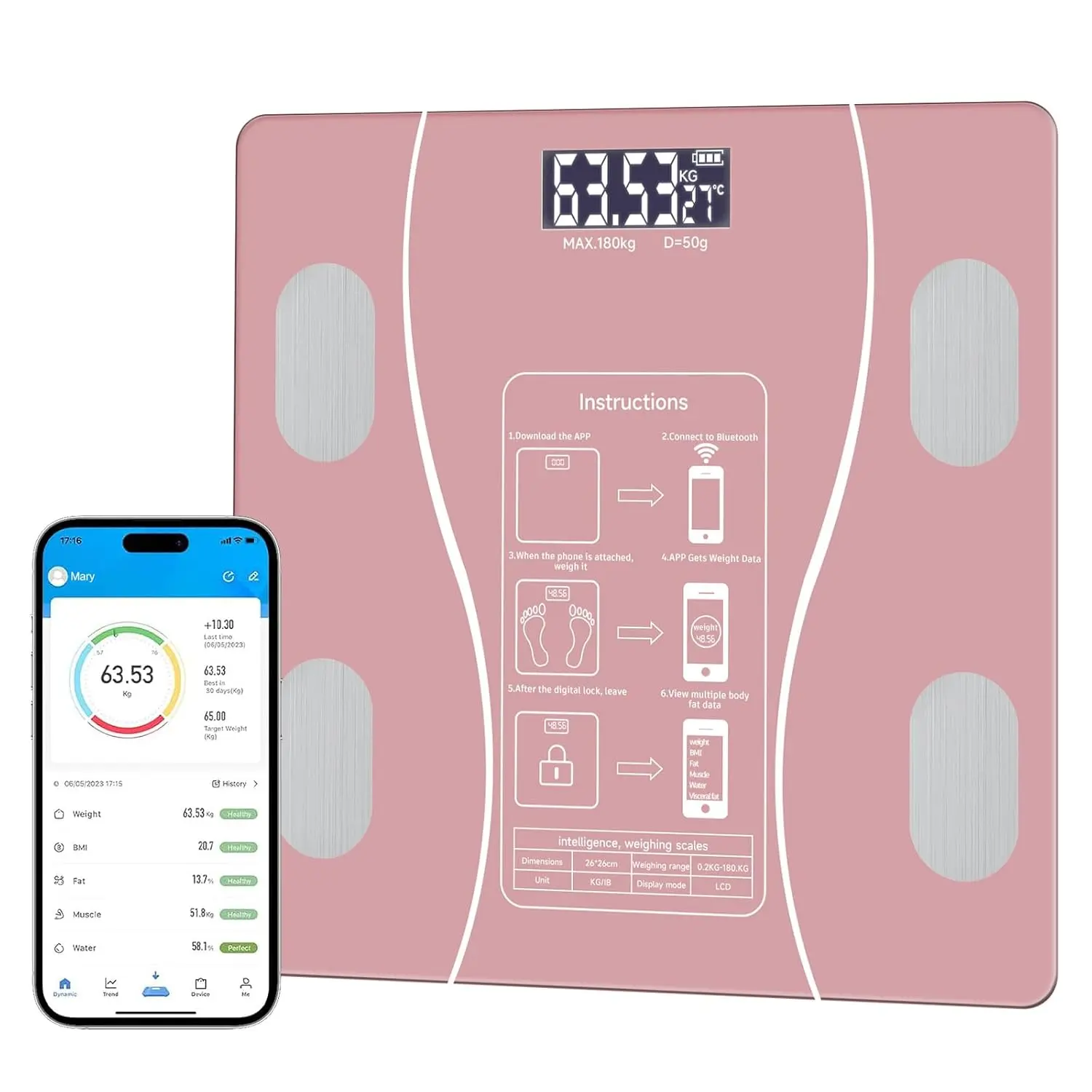 Smart Electronic Bathroom Scale - Backlit LED Display, Durable Tempered Glass, Compact Size, 400 lbs (180 kg) Max Capacity, Bluetooth Automatic Data Synchronization, Accurate for Home Health Monitoring, Electronic Bathroom Scales, Smart Bathroom Scales