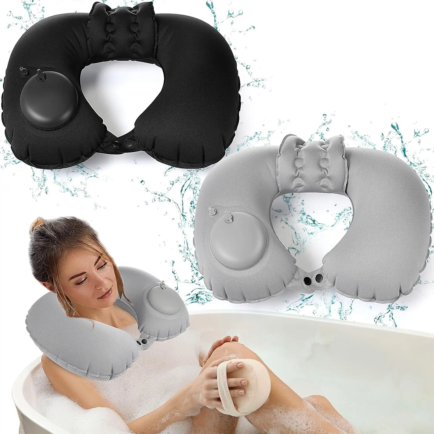 2 pcs inflatable bath pillows for tub bath pillows for head and neck u shaped full body travel neck pillow with adjustable button grey and black bath tub pillows for shower spa