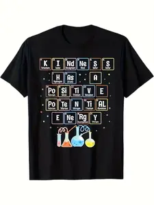 Funny STEM Kindness Chemistry Periodic Table Graphic T-Shirt for Men| Retro Science Teacher Tee with Kindness Values, Comfortable Casual Short Sleeve Shirt for Educators, Chemistry Enthusiasts and Casual Attire, Crew Neck, Slight Stretch Fabric