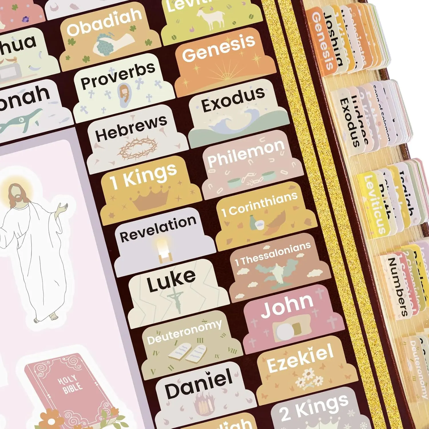 Laminated Material Bible Index Dividers with Unique Stickers, Boho Theme Tabs, Large Print for High Readability, Christian Gifts for Women’s Bible Study & Office Stationery Supplies