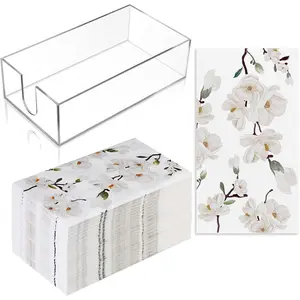 ]100 Pcs Paper Guest Towels with Acrylic Napkin Holder, Disposable Bathroom Paper Towels Floral White Magnolia Hand Napkins with Tray for Bathroom Powder Room Guest Room Party Decor