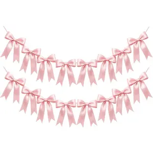 2 Strings of 16PCS Pink Bow Garland Banner Decoration,Pre-Strung Satin Ribbon Ornaments for Birthday,Bachelorette Party,Bridal Shower, Wedding,Engagement,Baby Shower, Graduation Deco,Anniversary