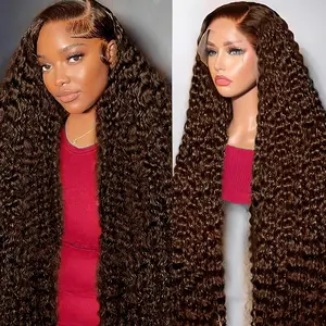 Chocolate Brown Deep Wave 13x6 Lace Front Wigs Human Hair 200 Density Curly Pre Plucked Natural Hairline for Women