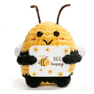 Positive Crochet Bee Happy - Handmade Amigurumi Happy Bee, Cute Emotional Support Doll, Encouragement Gift for Mother's Day, Graduation, Birthday, Positive Affirmation Desk Buddy for Friends, Women, Men & Coworkers, Stuffed Animal