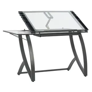 Futura Luxe Drawing, Drafting, Craft Table with Drawer. 35" Wide Angle Adjustable Top and 8" Wide Folding Side Shelf, Pewter Grey / Clear Glass 10079