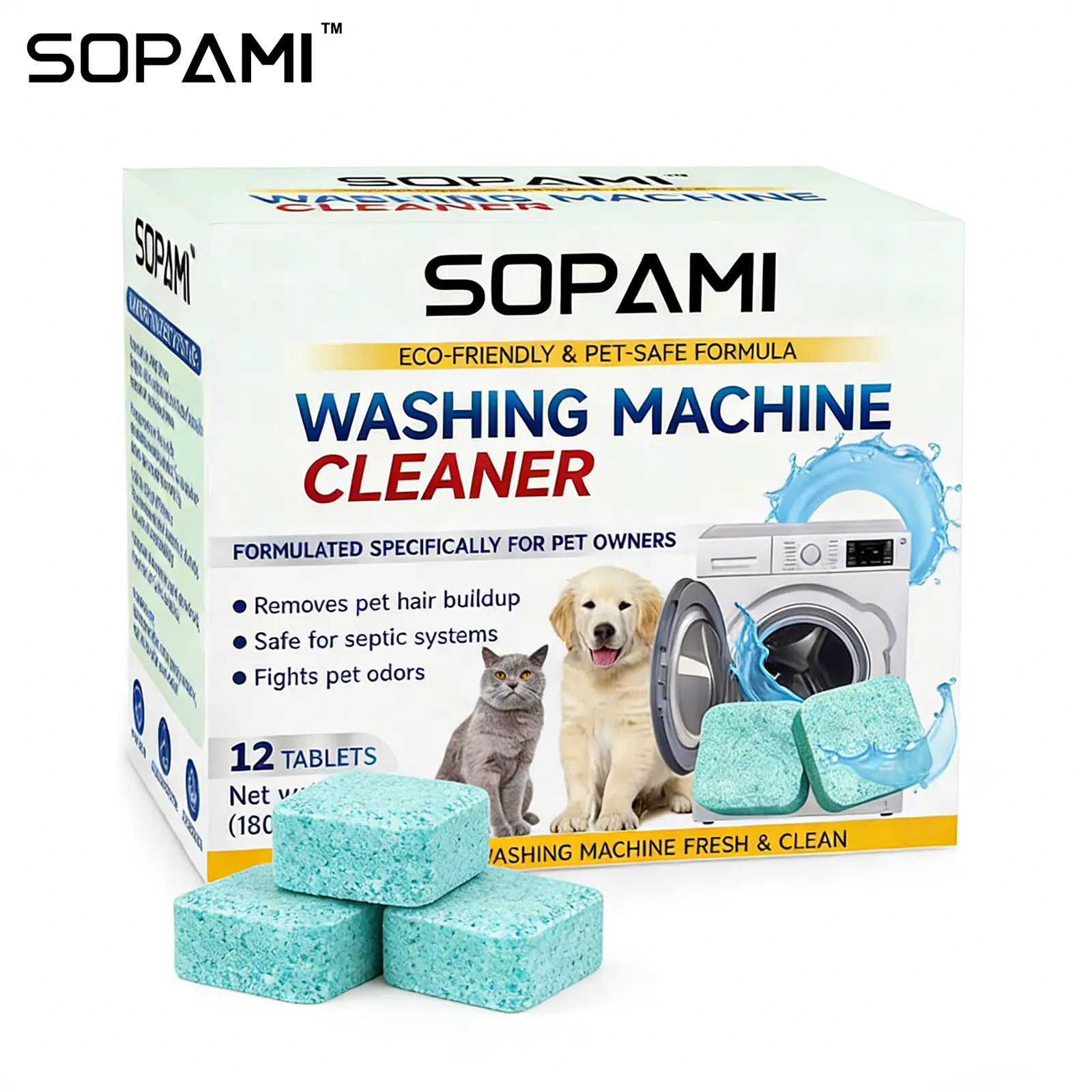 SOPAMI Washing Machine Cleaner Tablets 12 count formulated for pet owners fragrance free neutralizes pet odors removes pet hair buildup safe for septic systems dissolves dirt and residue