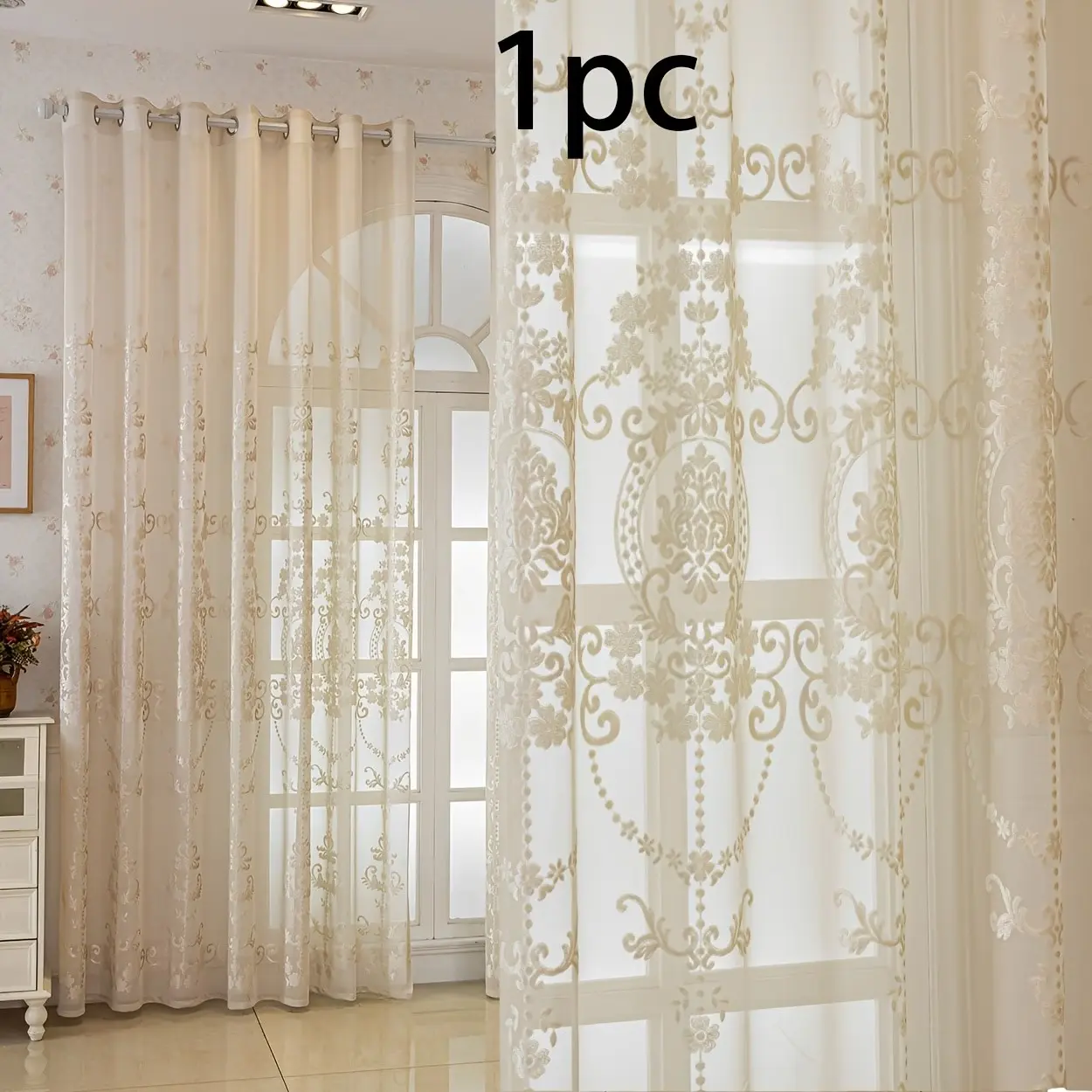 1pc American Country Style Curtain, Rustic Texture with European Vintage Embroidery, Semi-Transparent Soft Fabric for Living Room and Kitchen