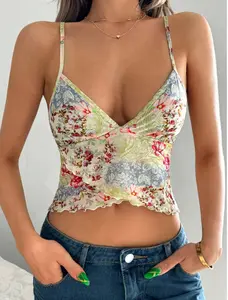 Women's Summer Holiday Ditsy Floral Printed Asymmetrical Hem Cropped Camisole Top