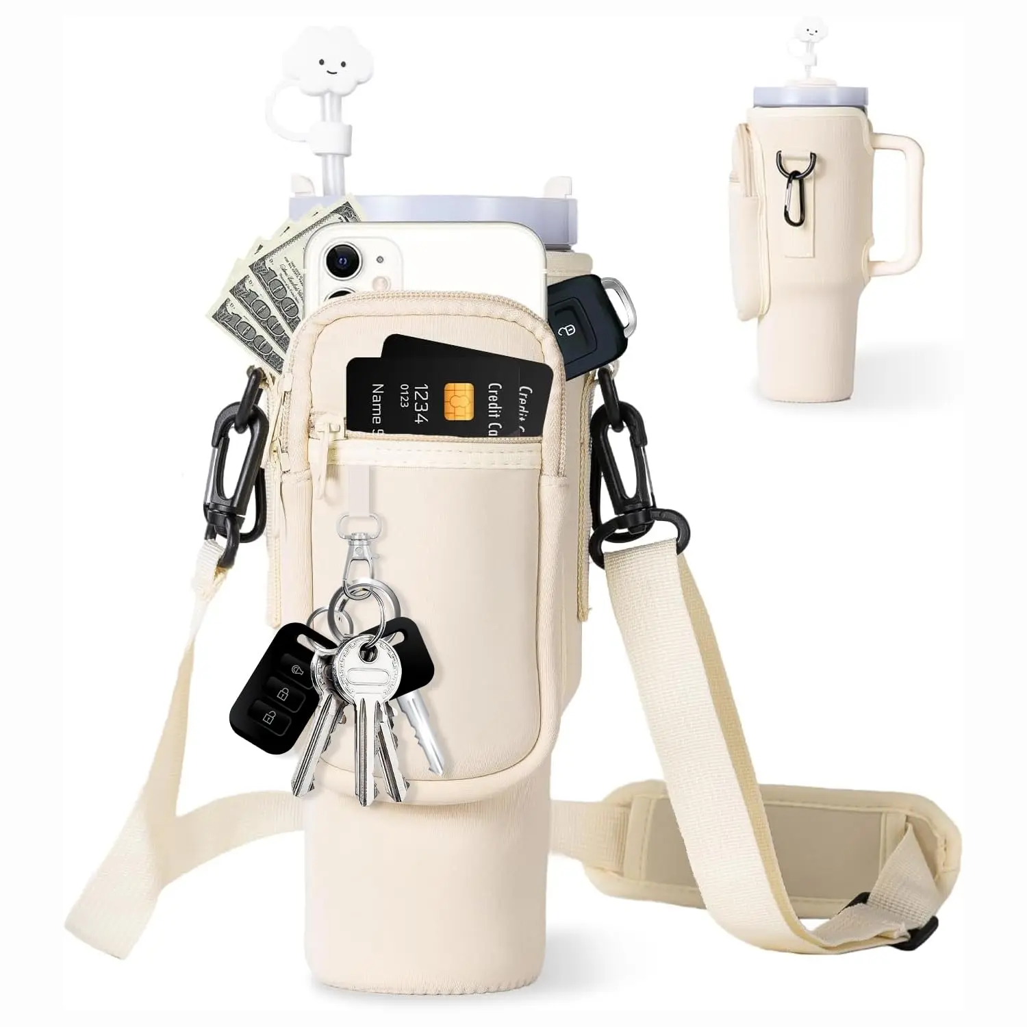 Water Bottle Holder, Portable Water Bottle Carrier with Durable Material, Adjustable Shoulder Strap & Phone Pocket, Drinkware Accessories, Drink Holders for Outdoor Hiking Camping, Outdoor Activities, Mug, Tumbler, Drinking Gadgets