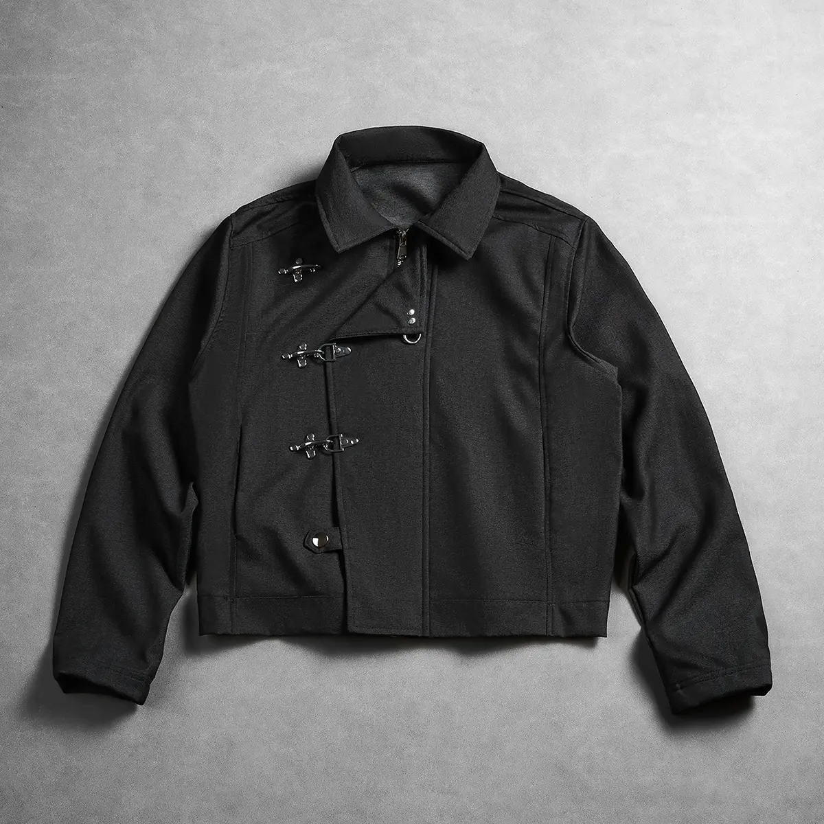 Men's asymmetric zip workwear jacket with lapel collar and metal toggle fasteners, solid black brushed fabric, cropped casual outer coat