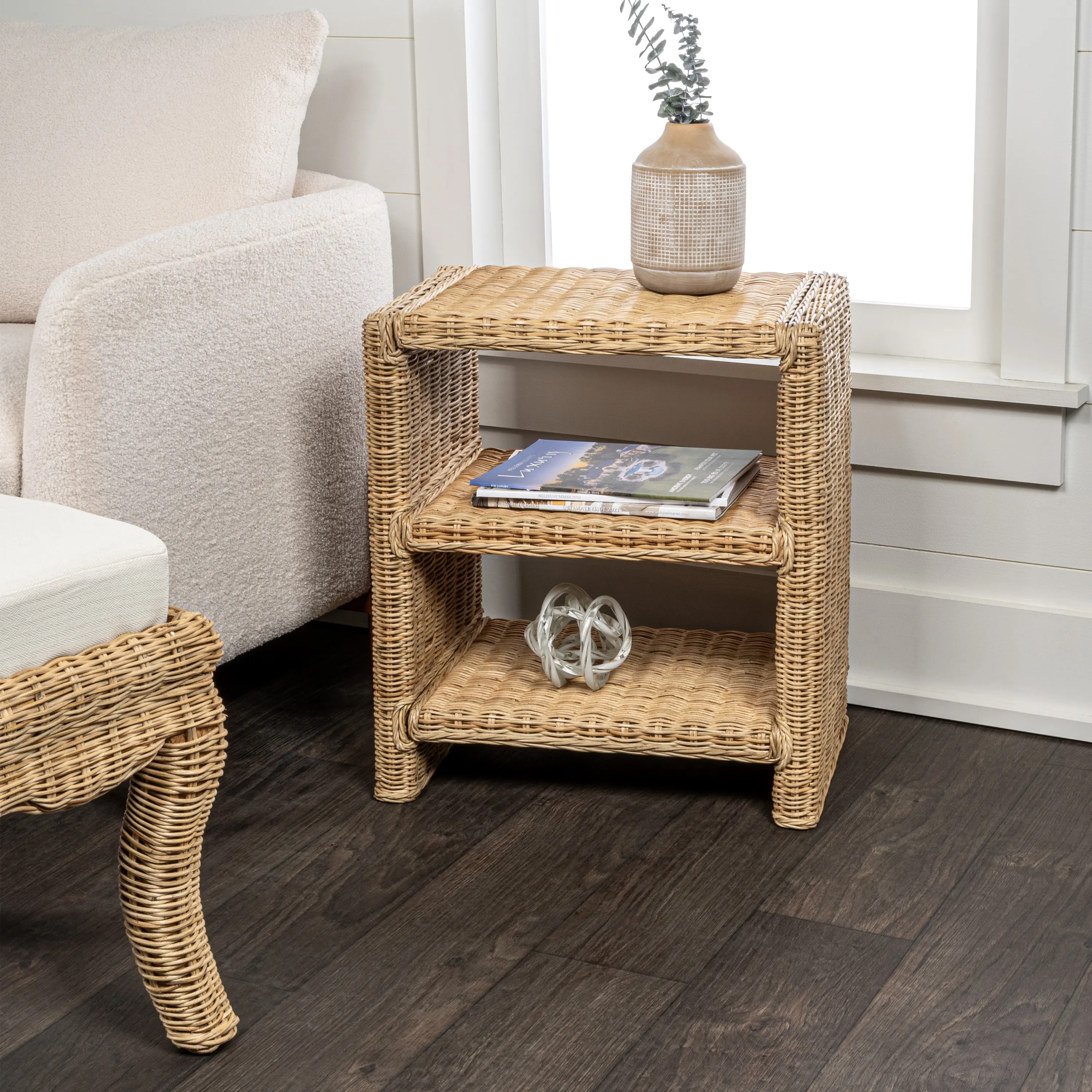 JONATHAN Y Praerie 22" Natural Rattan-Wood 3-Tier End Table - Boho Nightstand, Nightstand Bedside Table, Artisan Design Piece