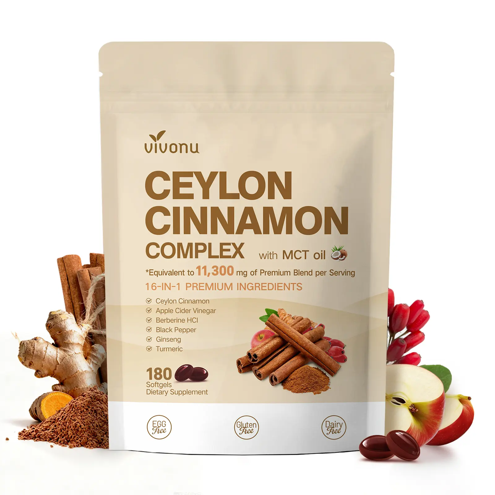 VivoNu 16-in-1 Ceylon Cinnamon Complex Softgels with Berberine HCL, Apple Cider Vinegar & Turmeric | MCT Oil for Better Absorption, Support Healthy Blood Sugar Balance & Gut Digestive Comfort，180 Softgels