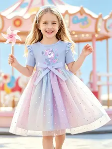 Beautiful Unicorn Print Dress for Girls, Blue Short Sleeve Princess Dress with Silver Color Stars, Casual Fitted Dress for All Seasons