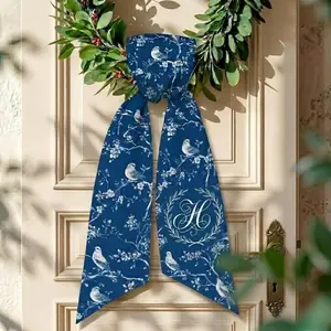 Navy Monogram Wreath Sash, Personalized Bird Door Ribbon, Custom Housewarming Gift, Blue White Grandmillennial Decor