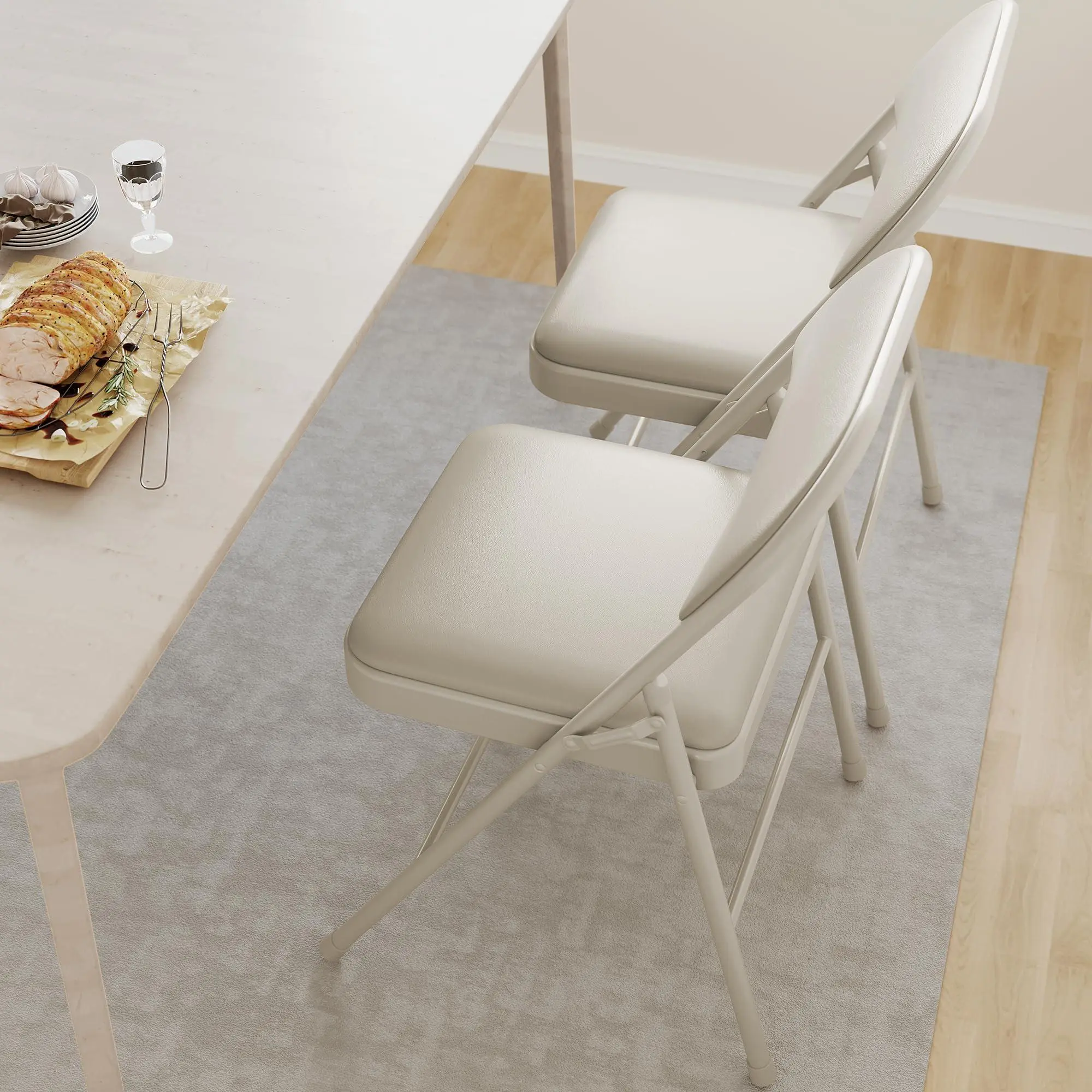 Garvee Folding Chairs Set of 8, PU Upholstered Foldable Chairs with Metal Frame Hold Up to 350 Pounds, Portable Black Folding Chairs Suitable for Dining Room, Living Room, Office, Camping-Beige